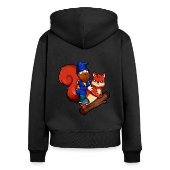 Gartenzwerg reitet Eichhörnchen - Frauen Premium Bio Zip Hoodie - Schwarz - Hinten - Julia (174cm)