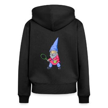 Comic Gartenzwerg spielt Tennis - Frauen Premium Bio Zip Hoodie - Schwarz - Hinten - Julia (174cm)