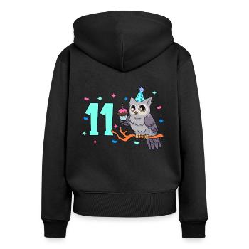 Avec hibou - Anniversaire des enfants 11 ans - Sweat à capuche zippé Premium bio Femme - noir - Dos - Julia (174cm)