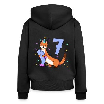 Avec Weasel - Anniversaire des enfants 7 ans - Sweat à capuche zippé Premium bio Femme - noir - Dos - Julia (174cm)