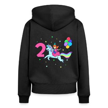 Avec licorne - Anniversaire de fille 2 ans - Sweat à capuche zippé Premium bio Femme - noir - Dos - Julia (174cm)