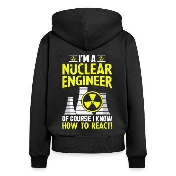Drôle de centrale nucléaire - Sweat à capuche zippé Premium bio Femme - noir - Dos - Julia (174cm)