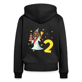 Avec Jésus - Anniversaire des enfants 2 ans - Sweat à capuche zippé Premium bio Femme - noir - Dos - Julia (174cm)