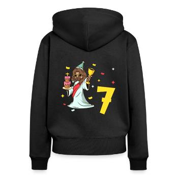 Avec Jésus - Anniversaire des enfants 7 ans - Sweat à capuche zippé Premium bio Femme - noir - Dos - Julia (174cm)
