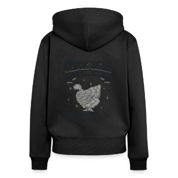 J’adore mon poulet soyeux - Sweat à capuche zippé Premium bio Femme - noir - Dos - Julia (174cm)