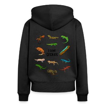 J’adore les geckos - Sweat à capuche zippé Premium bio Femme - noir - Dos - Julia (174cm)