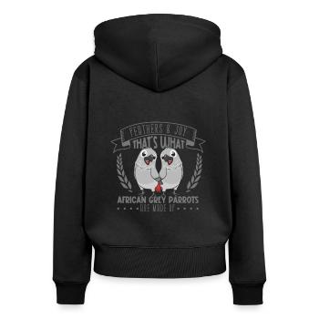 Feathers and Joy - Perroquet gris d’Afrique - Sweat à capuche zippé Premium bio Femme - noir - Dos - Julia (174cm)