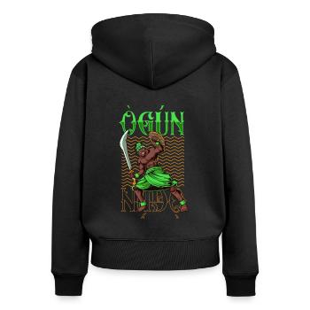 Yoruba Gott - Ogun - Frauen Premium Bio Zip Hoodie - Schwarz - Hinten - Julia (174cm)