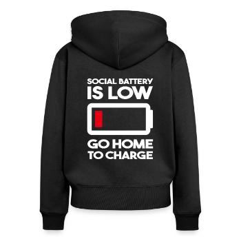 Battery social Est faible | Drôle de sort - Sweat à capuche zippé Premium bio Femme - noir - Dos - Julia (174cm)