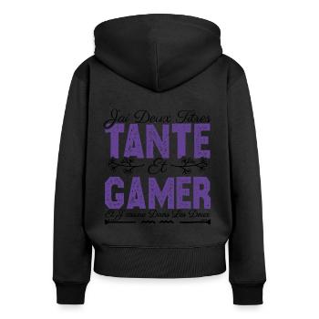 J'ai deux titres tante et Gamer. Idée Cadeau Tante - Sweat à capuche zippé Premium bio Femme - noir - Dos - Julia (174cm)