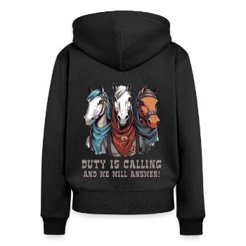 The Three Original Horses: Duty Calls - Women's Premium Organic Zip Hoodie - black - Back - Julia (174cm)