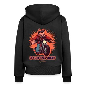 J'arrive, bébé ! Un motard de moto de dessin animé - Sweat à capuche zippé Premium bio Femme - noir - Dos - Julia (174cm)