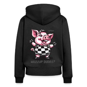 Was geht ab, Leute? lustiges Schwein - Frauen Premium Bio Zip Hoodie - Schwarz - Hinten - Julia (174cm)