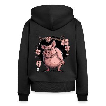 Japon Sakura Cochon en fleurs de cerisier - Sweat à capuche zippé Premium bio Femme - noir - Dos - Julia (174cm)
