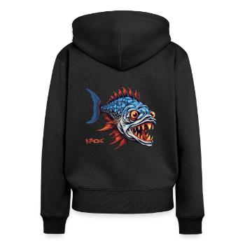 Dessin animé de poisson prédateur de chasseur - Sweat à capuche zippé Premium bio Femme - noir - Dos - Julia (174cm)