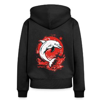 Parodie mit Stern Delphin Kamerad - Frauen Premium Bio Zip Hoodie - Schwarz - Hinten - Julia (174cm)