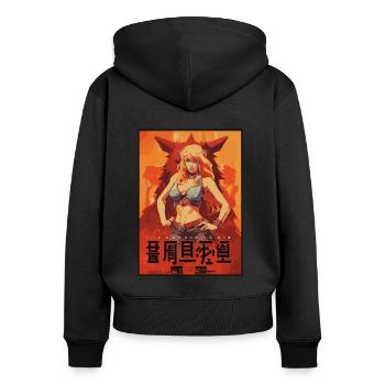 Parodie eines japanischen Filmplakats: Anime-Katze - Frauen Premium Bio Zip Hoodie - Schwarz - Hinten - Julia (174cm)