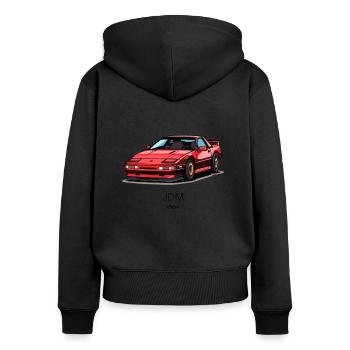 Rotes 90er JDM Rennsport Auto - Frauen Premium Bio Zip Hoodie - Schwarz - Hinten - Julia (174cm)