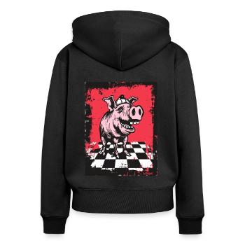 Schau dir dieses karierte Schachbrett Schwein an - Frauen Premium Bio Zip Hoodie - Schwarz - Hinten - Julia (174cm)