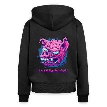 Das kranke Zombie-Hirn-Schwein - Frauen Premium Bio Zip Hoodie - Schwarz - Hinten - Julia (174cm)