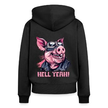 Hell Yeah, Motorrad-Biker-Schwein - Frauen Premium Bio Zip Hoodie - Schwarz - Hinten - Julia (174cm)