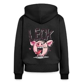 Süßes freches Cartoon-Schwein: Leck mich - Frauen Premium Bio Zip Hoodie - Schwarz - Hinten - Julia (174cm)