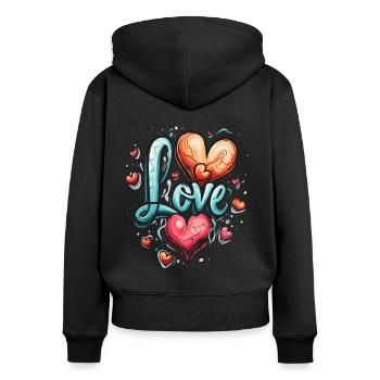 Paix, Cœurs et Amour - Sweat à capuche zippé Premium bio Femme - noir - Dos - Julia (174cm)