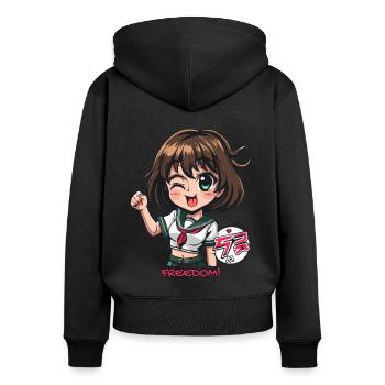 freches Anime-Mädchen reckt die Faust für Freiheit - Frauen Premium Bio Zip Hoodie - Schwarz - Hinten - Julia (174cm)
