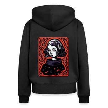 Dessin animé gravure sur bois Art femme - Sweat à capuche zippé Premium bio Femme - noir - Dos - Julia (174cm)