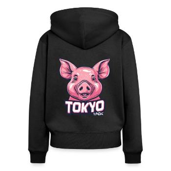 Grand sourire et cochon drôle de Tokyo - Sweat à capuche zippé Premium bio Femme - noir - Dos - Julia (174cm)