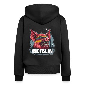 Berlin Schwein - Frauen Premium Bio Zip Hoodie - Schwarz - Hinten - Julia (174cm)