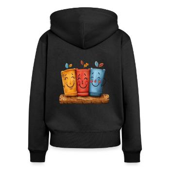 Lächelnde Tassen Trio in Herbstfarben - Frauen Premium Bio Zip Hoodie - Schwarz - Hinten - Julia (174cm)