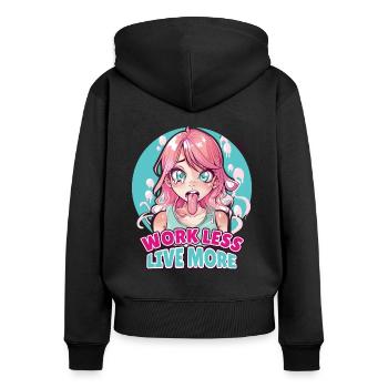 Weniger arbeiten, mehr leben - Frauen Premium Bio Zip Hoodie - Schwarz - Hinten - Julia (174cm)