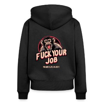 Singe : Oublie ton travail, vis ta vie - Sweat à capuche zippé Premium bio Femme - noir - Dos - Julia (174cm)