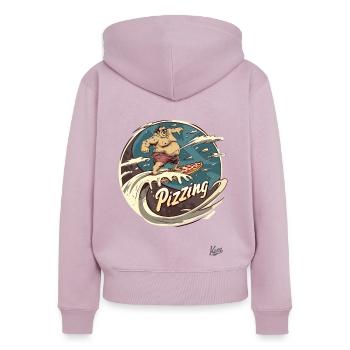 Un grand surfeur surfe sur une vague de pizza - Sweat à capuche zippé Premium bio Femme - rose poudré - Dos - Julia (174cm)