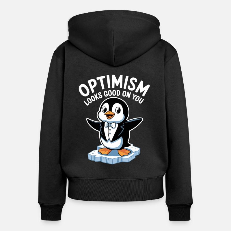 L’optimisme vous convient bien Pingouin - Sweat à capuche zippé Premium bio Femme - noir