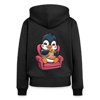 Cute penguin with snacks on armchair - Women's Premium Organic Zip Hoodie - black - Back - Julia (174cm)