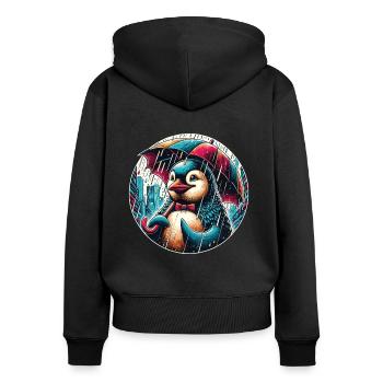 Pinguin bei Regen mit Regenschirm in der Stadt - Frauen Premium Bio Zip Hoodie - Schwarz - Hinten - Julia (174cm)