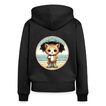 Chat mignon avec des bottes en caoutchouc et un parapluie - Sweat à capuche zippé Premium bio Femme - noir - Dos - Julia (174cm)