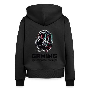Gaming The real world can wait Gamer Sprüche Shirt - Frauen Premium Bio Zip Hoodie - Schwarz - Hinten - Julia (174cm)