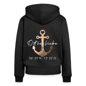 Ostseeliebe - Anker - Koordinaten Rügen - Frauen Premium Bio Zip Hoodie - Schwarz - Hinten - Julia (174cm)