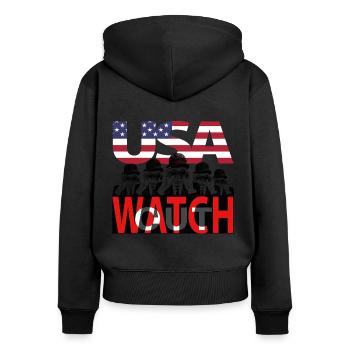 USA - watch out - Frauen Premium Bio Zip Hoodie - Schwarz - Hinten - Julia (174cm)