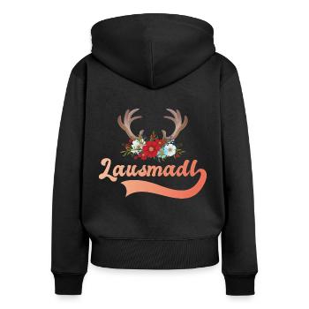 Madl Dirndl Tracht Lausmadl - Frauen Premium Bio Zip Hoodie - Schwarz - Hinten - Julia (174cm)