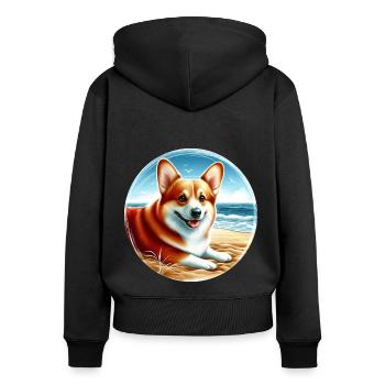 Walisischer Corgi am Strand Karikatur - Frauen Premium Bio Zip Hoodie - Schwarz - Hinten - Julia (174cm)