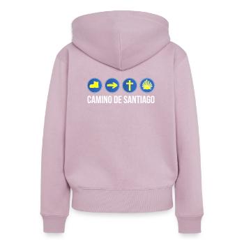 Camino de Santiago Pèlerin - Sweat à capuche zippé Premium bio Femme - rose poudré - Dos - Julia (174cm)