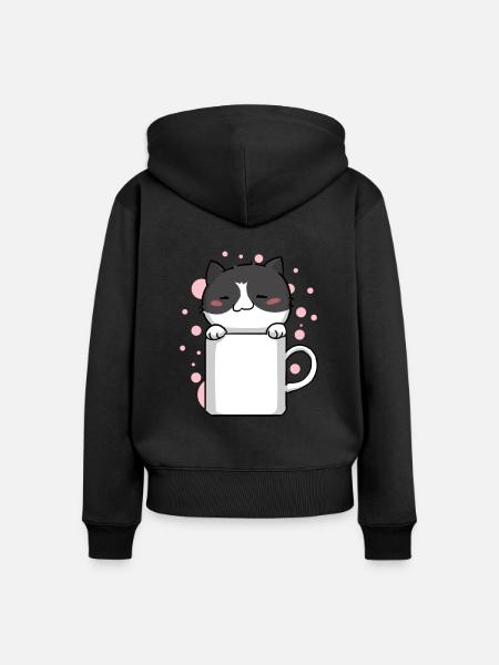 Katze Miezekatze Kaffe Kawaii Niedlich - Frauen Premium Bio Zip Hoodie - Schwarz