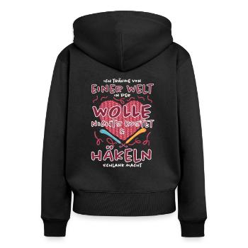 Wolle und Häkeln macht schlank, Häkel Geschenk - Frauen Premium Bio Zip Hoodie - Schwarz - Hinten - Julia (174cm)