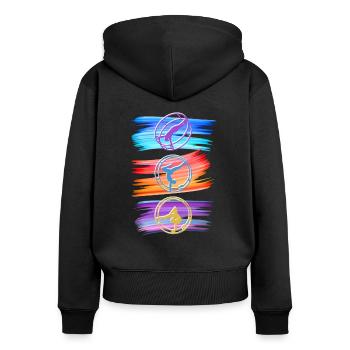 Farbenfrohes Rhönrad mit Rhönradturnerin - Frauen Premium Bio Zip Hoodie - Schwarz - Hinten - Julia (174cm)