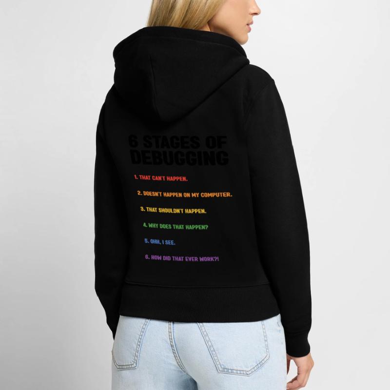 6 Stages Of Debugging Coder Programmer Software De Frauen Premium Bio Zip Hoodie