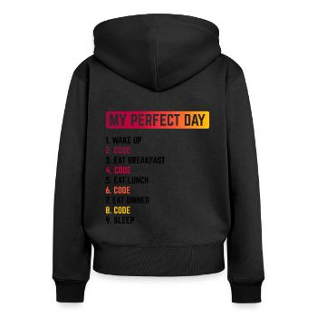 My Perfect Day Wake Up Code Software Developer Pro - Frauen Premium Bio Zip Hoodie - Schwarz - Hinten - Julia (174cm)